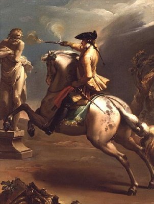 Een allegorie: een jonge ruiter die een pistool afvuurt op een standbeeld van een oude man door Gaetano Gandolfi