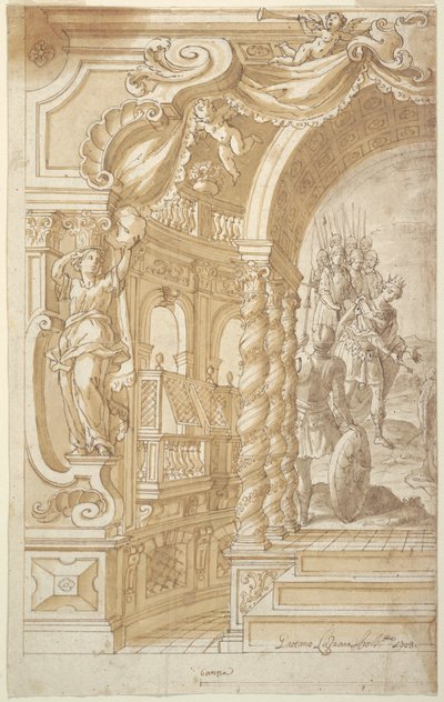 Ontwerp voor een Illusionistische Muurdecoratie, met een Koning Begeleid door Soldaten door Gaetano Lazzara