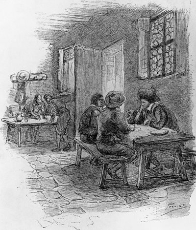 Renzo, Tonio en Gervase in de herberg, Hoofdstuk VII, illustratie door Gaetano Previati (1852-1920) voor Verloofden, historische roman door Alessandro Manzoni (1785-1873) door Gaetano Previati
