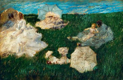 Vrouw met kinderen in tuin door Gaetano Previati