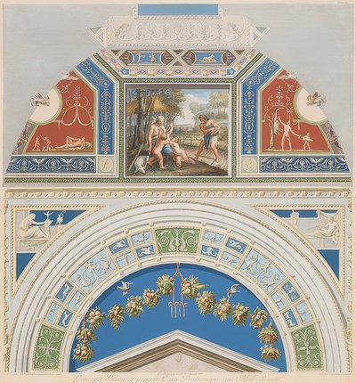 Lunet en gewelfveld met Adam en Eva aan het werk. 1774 door Gaetano Savorelli