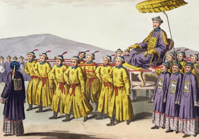 Keizer Chien Lung triomfantelijk gedragen, plaat 18 uit Le Costume Ancien et Moderne door Jules Ferrario, gepubliceerd ca. 1820-30 door Gaetano Zancon