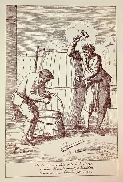 Kuipers aan het werk, Gravure uit De kunsten van het dagelijks leven in de stad Venetië, Italië door Gaetano Zompini