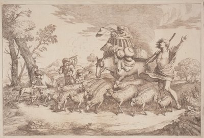Een pastorale reis met een kind in een mand te paard door Gaetano Zompini, after Giovanni Benedetto Castiglione