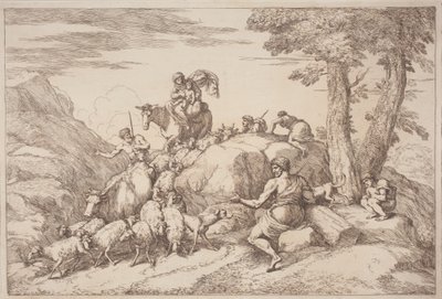 Een Pastorale Reis met een Moeder en Kind te Paard en een Oudere Herder Zittend door Gaetano Zompini, after Giovanni Benedetto Castiglione