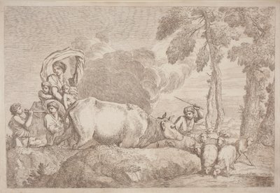 Een vrouw met twee kinderen te paard door Gaetano Zompini, after Giovanni Benedetto Castiglione