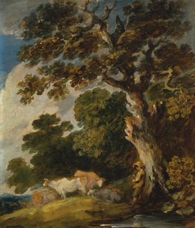 Een bebost landschap met vee en herder door Gainsborough Dupont