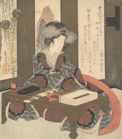 Een dame die op het punt staat een gedicht te schrijven door Gakutei
