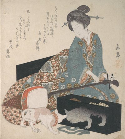 Vrouw die een Shamisen Stemt en een Kat die naar zijn Eigen Reflectie Kijkt, midden jaren 1820 door Gakutei