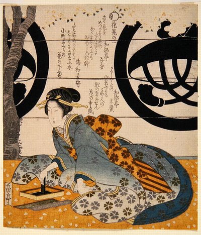 Schoonheid die bloemen bekijkt door Gakutei Harunobu