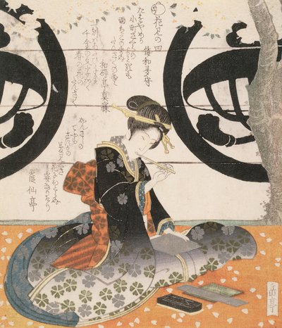Schoonheid die bloemen bekijkt door Gakutei Harunobu
