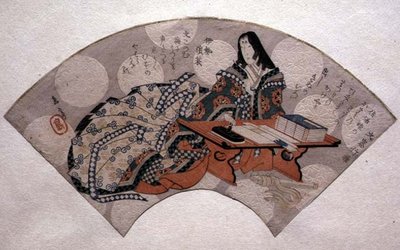 Hofdame die inkt voorbereidt, ontwerp voor een waaier, c.1818-30 door Gakutei Harunobu