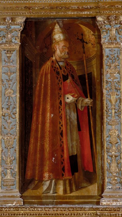 Polyptiek van de Geboorte, zijpanelen met heiligen Petrus, Paulus, Clemens en Magdalena, detail van Sint Clemens door Galeazzo and Aleni Tommaso fl.1505 15) Campi