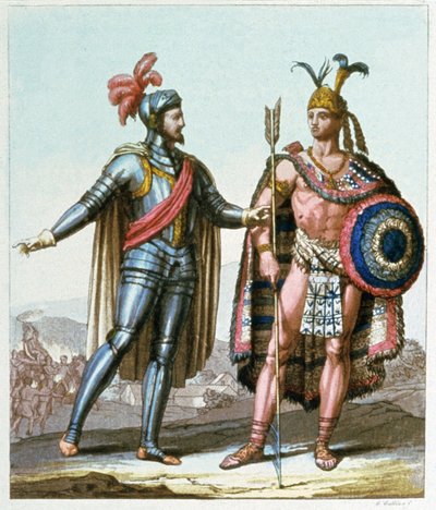 Hernan Cortes ontmoet Montezuma II in 1519 door Gallo Gallina