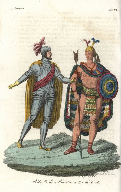Hernán Cortés ontmoet Montezuma II in 1519 door Gallo Gallina