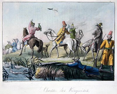Kirghiz jagers schieten en jagen met valken, illustratie uit 