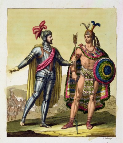 De ontmoeting tussen Hernando Cortes en Montezuma II, uit 
