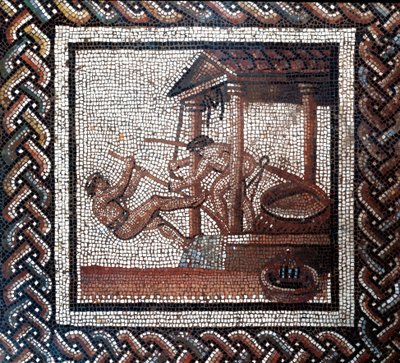 Een olijfpers. (mozaïek, eind 2e, begin 3e eeuw) door Gallo Roman