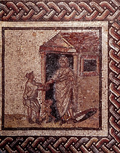 Gallo-Romeinse kunst: mozaïekvloer die een rustieke kalender voorstelt. Feestscène. Eind 2e, begin 3e eeuw na Chr. Uit Saint-Romain-en-Gal (Rhone). Saint Germain en Laye, Nationaal Archeologisch Museum door Gallo Roman