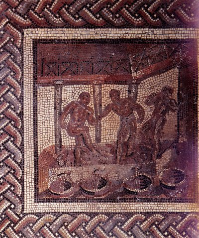 Gallo-Romeinse kunst: mozaïekvloer die een rustieke kalender voorstelt. Scène van druiven stampen in een vat. Eind 2e, begin 3e eeuw na Chr. Uit Saint-Romain-en-Gal (Rhone). Saint Germain en Laye, Nationaal Archeologisch Museum door Gallo Roman