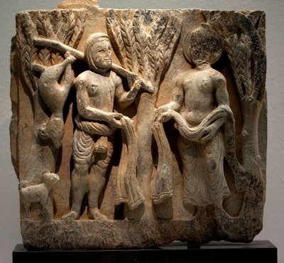Kleding ruilen met een jager. Laag reliëf gebeeldhouwd, kunst van Gandhara (Pakistan), 2e-3e eeuw. Nationaal Museum van Korea, Seoul (Zuid-Korea) door Gandhara School