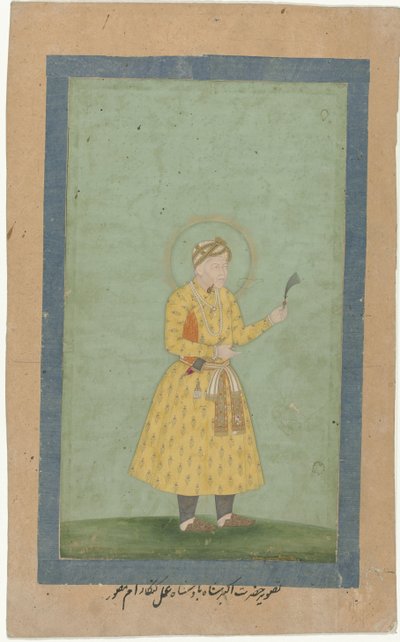 Portret van Akbar, staand, met verenpluim in de hand door Gangaram (attributed to)
