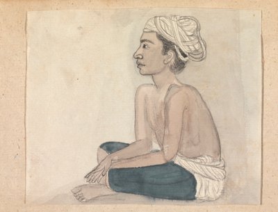 Man met een blauwe doek over zijn benen door Gangaram Chintaman Tambat