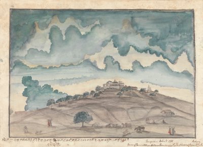 Uitzicht op Parbati, een heuvel bij Poona bezet door tempels bezocht door de Peshwa door Gangaram Chintaman Tambat