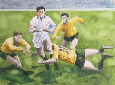 Rugbywedstrijd: Engeland tegen Australië in de Wereldbekerfinale, 1991, Will Carling wordt getackeld door Gareth Lloyd Ball