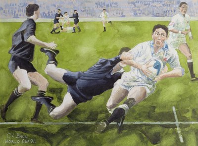 Rugbywedstrijd: Engeland tegen Nieuw-Zeeland in de Wereldbeker, 1991, Rory Underwood wordt getackeld door Gareth Lloyd Ball