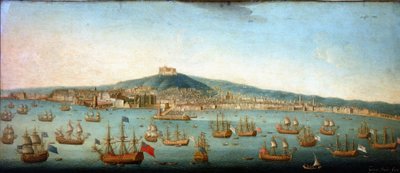 Uitzicht op de baai van Napels met de vloot van admiraal Byng voor anker door Gaspar Butler