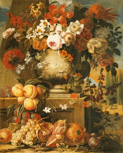 Bloemen in Vazen op Sokkel met Fruit door Gaspar Pieter II Verbruggen
