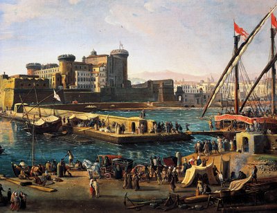 Uitzicht op Castel Nuovo vanaf de haven in Napels door Gaspar van Wittel