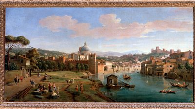 Uitzicht op Verona en de oevers van de Adige-rivier - Schilderij, eind 17e-18e eeuw door Gaspar van Wittel