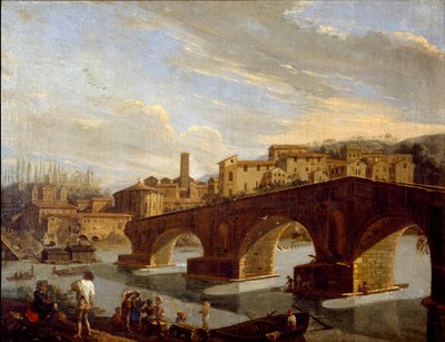 Uitzicht op de Tiber ter hoogte van de breukbrug in Rome door Gaspar van Wittel