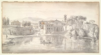 Kerk en huizen langs een rivier door Gaspar van Wittel