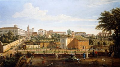 De Kerk van SS. Marcellino e Pietro, vanaf de Vigna Ciccolini door Gaspar van Wittel