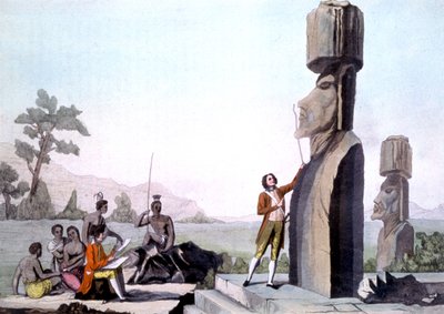 La Perouse met zijn bemanning, die de Beelden op Paaseiland meten (1786), gravure door Gaspard (after) Duche de Vancy