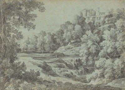 Italiaans Landschap met Vestingen en een Waterval door Gaspard Dughet