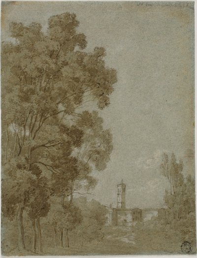 Romeins landschap met zicht op kerk door Gaspard Dughet