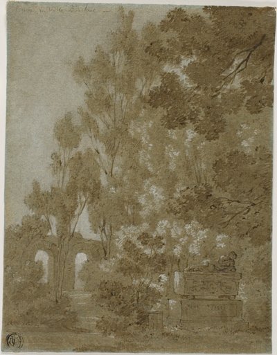 Uitzicht op vervallen bogen en graftombe in Villa Borghese door Gaspard Dughet