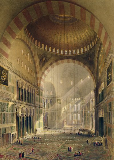 Haghia Sophia, plaat 24: interieur van de centrale koepel met verlaagde kroonluchters, gegraveerd door Louis Haghe, gepubliceerd 1852 door Gaspard Fossati