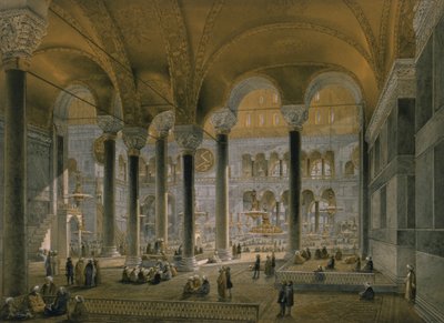 Hagia Sophia, plaat 6: het noordelijke schip, gegraveerd door Louis Haghe, gepubliceerd in 1852 door Gaspard Fossati
