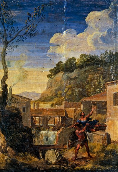Platteland met Hercules en Antaeus door Gaspard Poussin (school of) Dughet