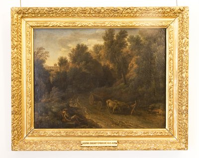 Een klassiek landschap met een ossenkar en figuren door Gaspard Poussin Dughet