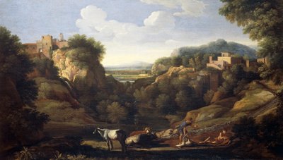 Italiaans landschap met jachttafereel door Gaspard Poussin Dughet