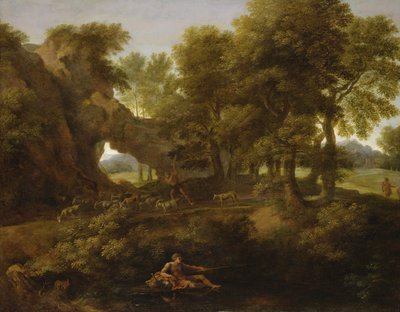 Landschap met een visser, een herder en andere figuren door Gaspard Poussin Dughet