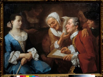 Een schilder en zijn model, achter hem strekt een oude vrouw haar nek uit om zijn tekening te bekijken. Schilderij door Gaspare Traversi (1732-1769) 1754 Zon. 0,99x0,73 m door Gaspare Traversi