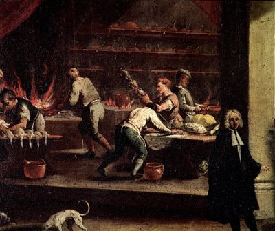Venetiaanse koks aan het werk in een keuken (detail) - Schilderij toegeschreven aan Gaspare Diziani (1698-1767), vaandel van de kunst van koks (Arte dei cuochi) Venetië, Museo Correr door Gasparo Diziani