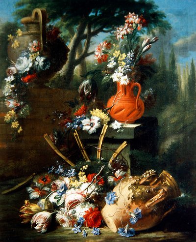 Een Stilleven van Bloemen in Terracotta Potten door Gasparo Lopez